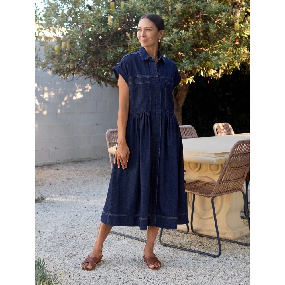 MAYE Harper Denim Dress Women XS Indigo Blue Button Front Midi Short Sleeve NEW - Picture 3 of 16
